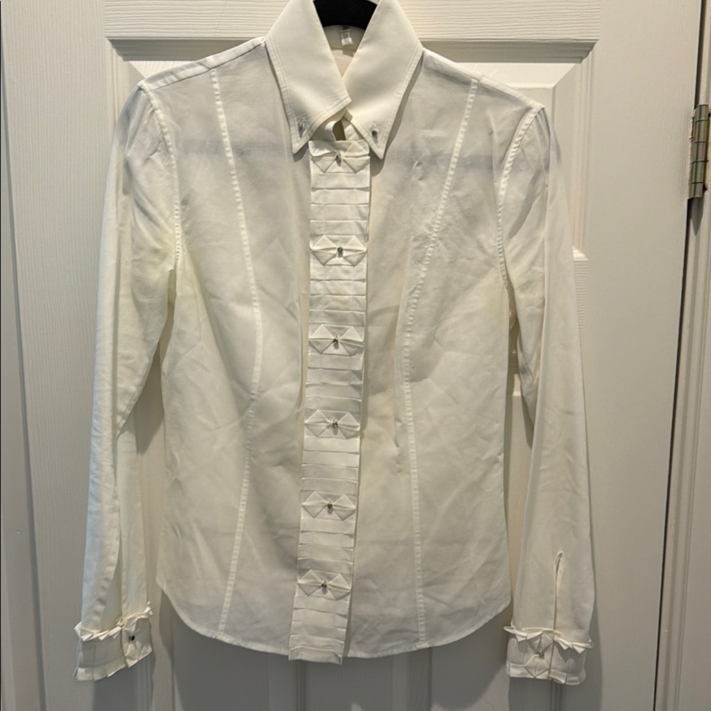 Escada white Button-Down Blouse with Beautiful detail and rhinestone buttons